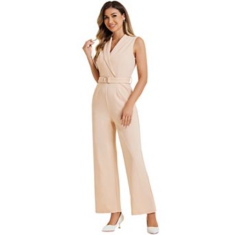 Women's Sleeveless Shawl Collar Office Belted Cropped Jumpsuit Romper