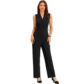 Women's Sleeveless Shawl Collar Office Belted Cropped Jumpsuit Romper