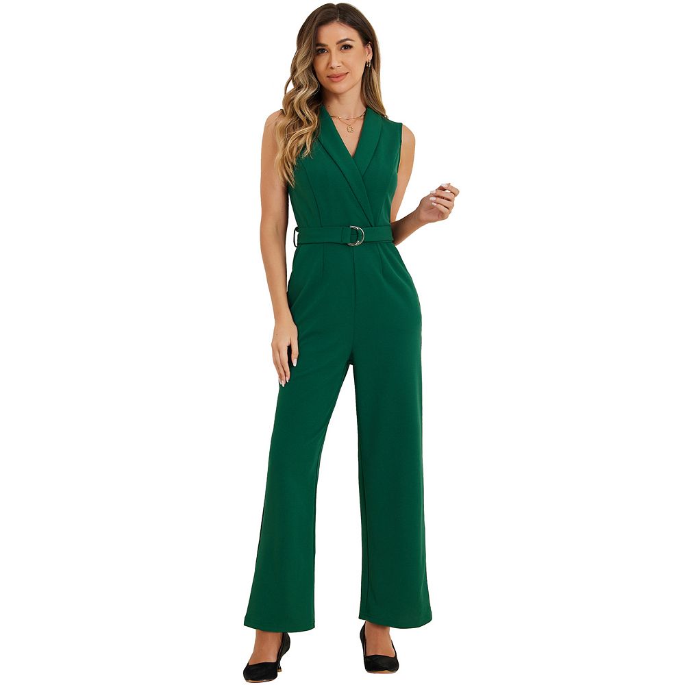 Women's Sleeveless Shawl Collar Office Belted Cropped Jumpsuit Romper