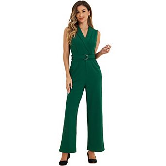 Women's Sleeveless Shawl Collar Office Belted Cropped Jumpsuit Romper