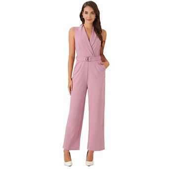 Women's Sleeveless Shawl Collar Office Belted Cropped Jumpsuit Romper
