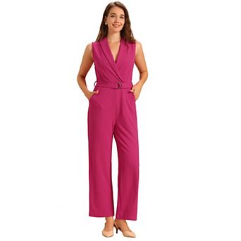 Women's Sleeveless Shawl Collar Office Belted Cropped Jumpsuit Romper