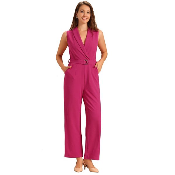 Women's Sleeveless Shawl Collar Office Belted Cropped Jumpsuit Romper