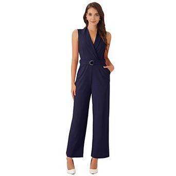 Women's Sleeveless Shawl Collar Office Belted Cropped Jumpsuit Romper