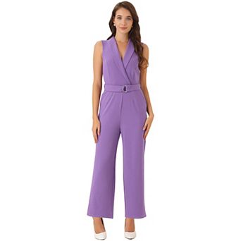 Women's Sleeveless Shawl Collar Office Belted Cropped Jumpsuit Romper