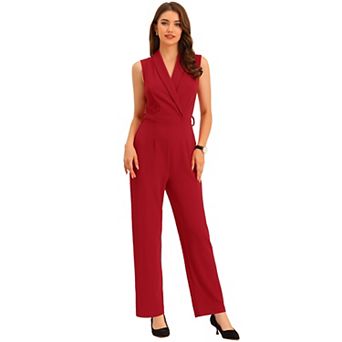 Women's Sleeveless Shawl Collar Office Belted Cropped Jumpsuit Romper