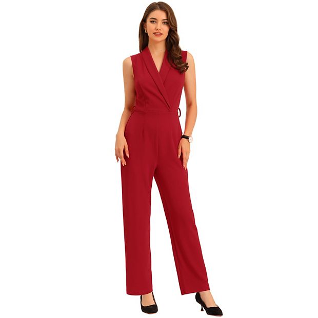 Women's Sleeveless Shawl Collar Office Belted Cropped Jumpsuit Romper