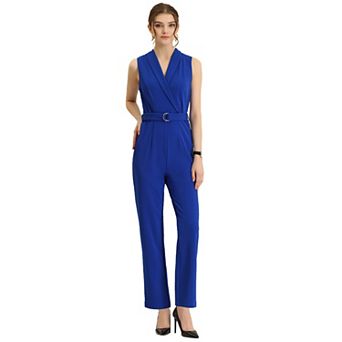 Women's Sleeveless Shawl Collar Office Belted Cropped Jumpsuit Romper