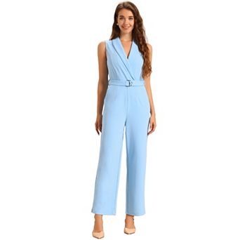 Women's Sleeveless Shawl Collar Office Belted Cropped Jumpsuit Romper