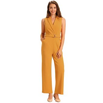 Women's Sleeveless Shawl Collar Office Belted Cropped Jumpsuit Romper