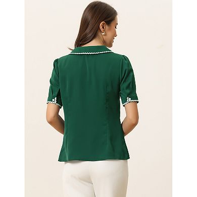 Women's Peter Pan Collar Shirt Short Sleeve Button Chiffon Blouse Top