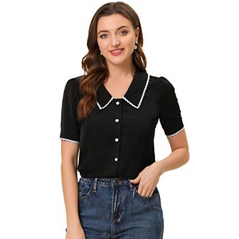 Women's Peter Pan Collar Shirt Short Sleeve Button Chiffon Blouse Top