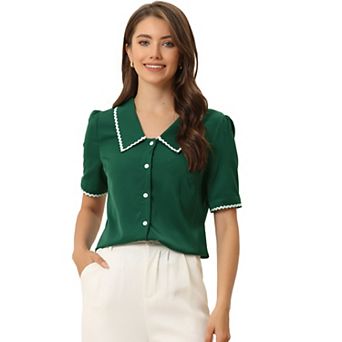 Women's Peter Pan Collar Shirt Short Sleeve Button Chiffon Blouse Top