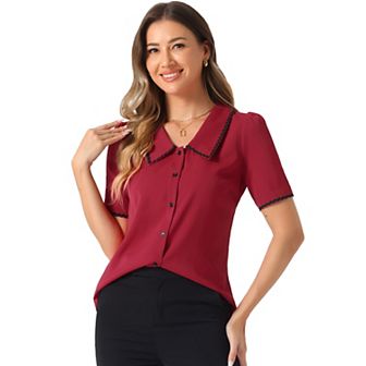Women's Peter Pan Collar Shirt Short Sleeve Button Chiffon Blouse Top