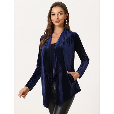 Women's Shawl Collar Open Front Pockets Stretchy Velvet Cardigan