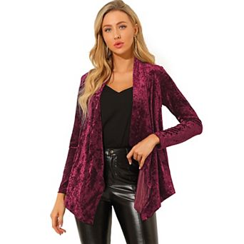 Women's Shawl Collar Open Front Pockets Stretchy Velvet Cardigan