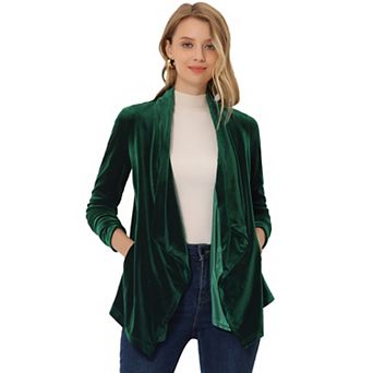 Women's Shawl Collar Open Front Pockets Stretchy Velvet Cardigan