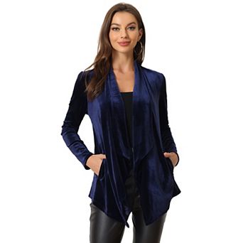 Women's Shawl Collar Open Front Pockets Stretchy Velvet Cardigan