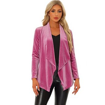 Women's Shawl Collar Open Front Pockets Stretchy Velvet Cardigan