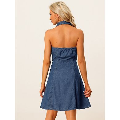 Denim Dresses For Women's Halter Neck Button Down Shirt Dress
