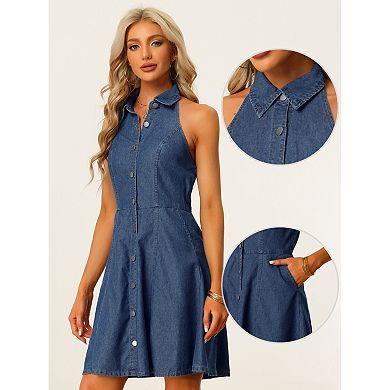 Denim Dresses For Women's Halter Neck Button Down Shirt Dress