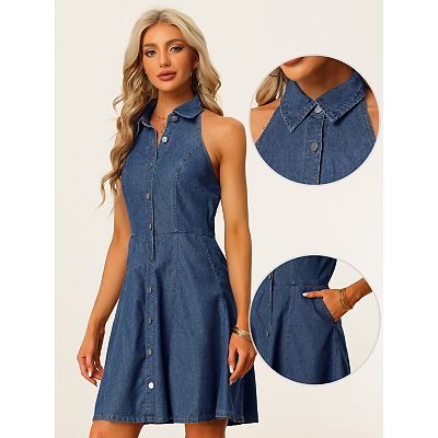 Denim Halter Neck Button Down Backless A-Line Mini Shirt Dress, Light Blue / XL