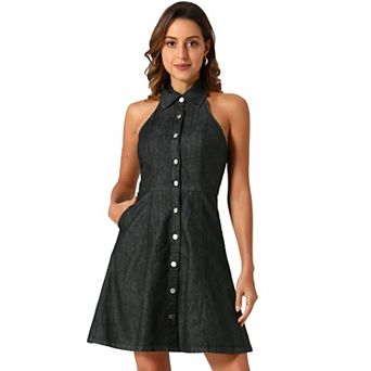 Denim Dresses for Women's Halter Neck Button Down Shirt Dress