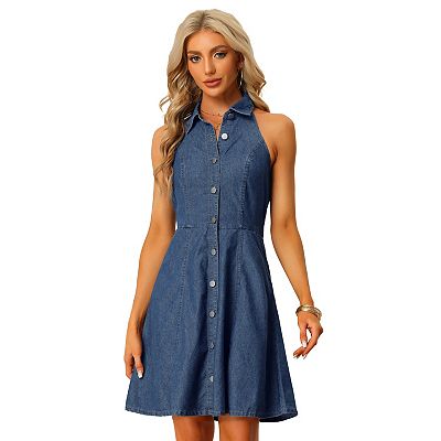 halter neck denim dress Allegra K Jeans Dresses for Women's 2026 Summer Shirt Dresses X-Small Light Blue at Amazon Women's Clothing store or no bra Denim Halter Neck Button Down