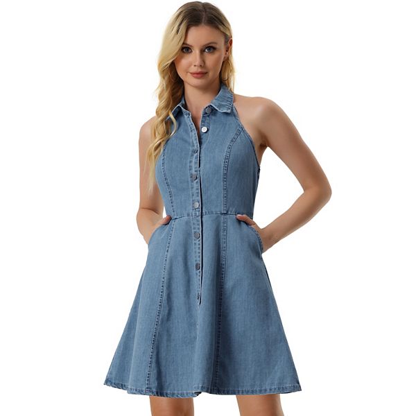 area denim dress Womens Piece Dyed Denim Dress with Frayed Hem  Wash Lab Blue / S