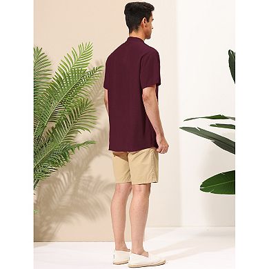 Men's Banded Collar Short Sleeve Button Down Beach Linen Shirts