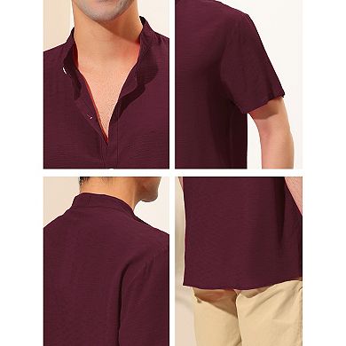 Men's Banded Collar Short Sleeve Button Down Beach Linen Shirts
