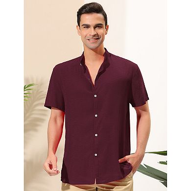 Men's Banded Collar Short Sleeve Button Down Beach Linen Shirts