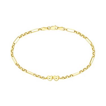 Color Romance 14k Gold Hearts Rolo and Long Links Chain Bracelet