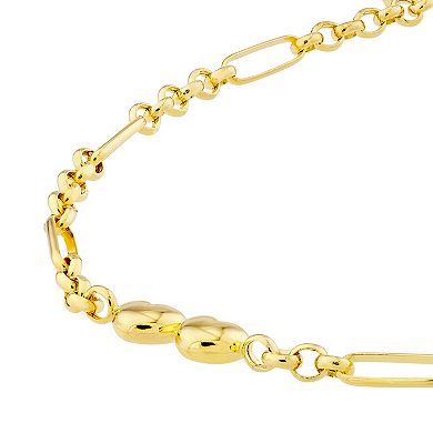 Color Romance 14k Gold Hearts Rolo and Long Links Chain Bracelet