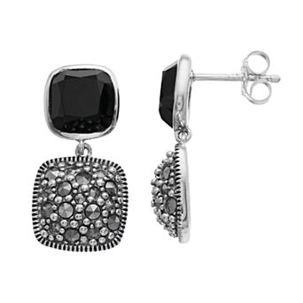 Lavish by TJM Sterling Silver Black Onyx & Marcasite Dangle Earrings