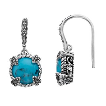 Lavish by TJM Sterling Silver Simulated Turquoise & Marcasite Dangle Earrings