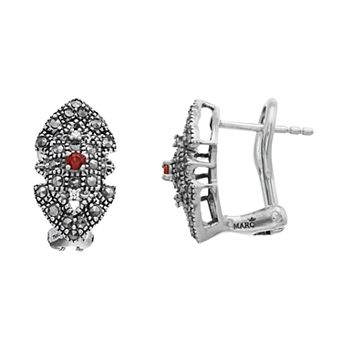 Lavish by TJM Sterling Silver Garnet, Marcasite & Cubic Zirconia Omega Earrings