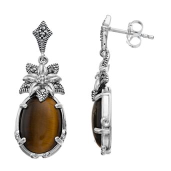 Lavish by TJM Sterling Silver Tiger's Eye & Marcasite Drop Earrings