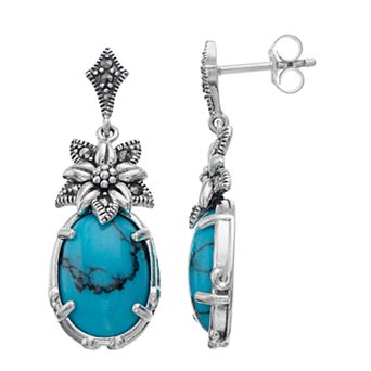Lavish by TJM Sterling Silver Simulated Turquoise & Marcasite Drop Earrings