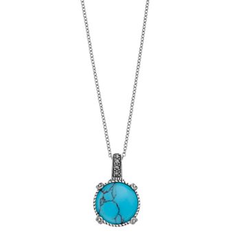 Lavish by TJM Sterling Silver Simulated Turquoise & Marcasite Circle Pendant Necklace