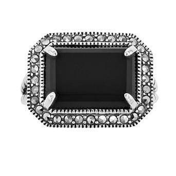 Lavish by TJM Sterling Silver Black Onyx & Marcasite East-West Rectangular Ring