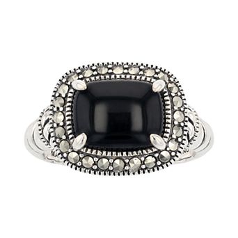 Lavish by TJM Sterling Silver Black Onyx & Marcasite Cushion Ring