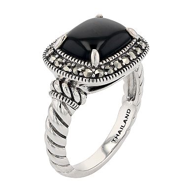 Lavish by TJM Sterling Silver Black Onyx & Marcasite Cushion Ring