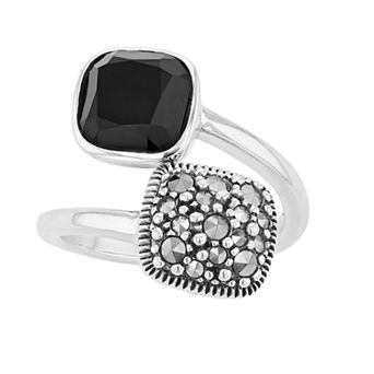 Lavish by TJM Sterling Silver Black Onyx & Marcasite 2-Head Ring