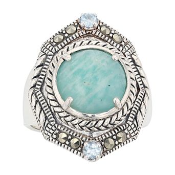 Lavish by TJM Sterling Silver Amazonite Sky Blue Topaz & Marcasite Dome Ring