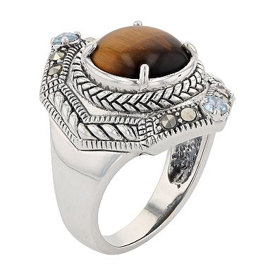 Lavish by TJM Sterling Silver Tiger Eye Sky Blue Topaz & Marcasite Dome Ring