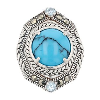 Lavish by TJM Sterling Silver Round Simulated Turquoise Sky Blue Topaz & Marcasite Dome Ring