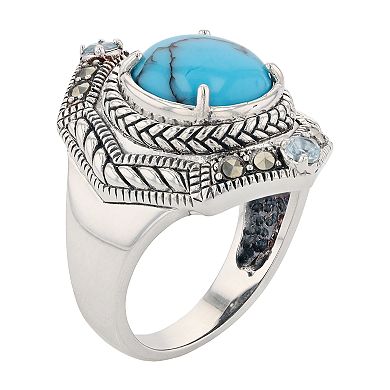 Lavish by TJM Sterling Silver Round Simulated Turquoise Sky Blue Topaz & Marcasite Dome Ring