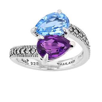 Lavish by TJM Sterling Silver Simulated Amethyst & Simulated Blue Quartz with Marcasite 2-stone Ring