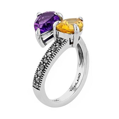 Lavish by TJM Sterling Silver Simulated Amethyst & Simulated Citrine with Marcasite 2-Stone Ring